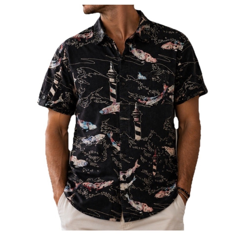 55DSL Diesel Mens L Fish Lighthouse Print Button Shirt Black Cotton Y2K  44”